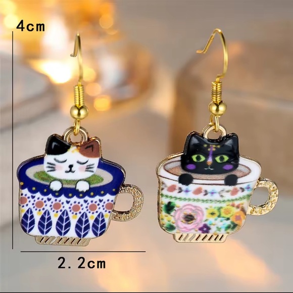 Cute Cat in Teacup Earrings | Anthropologie Inspired Whimsical Jewelry - Picture 5 of 6